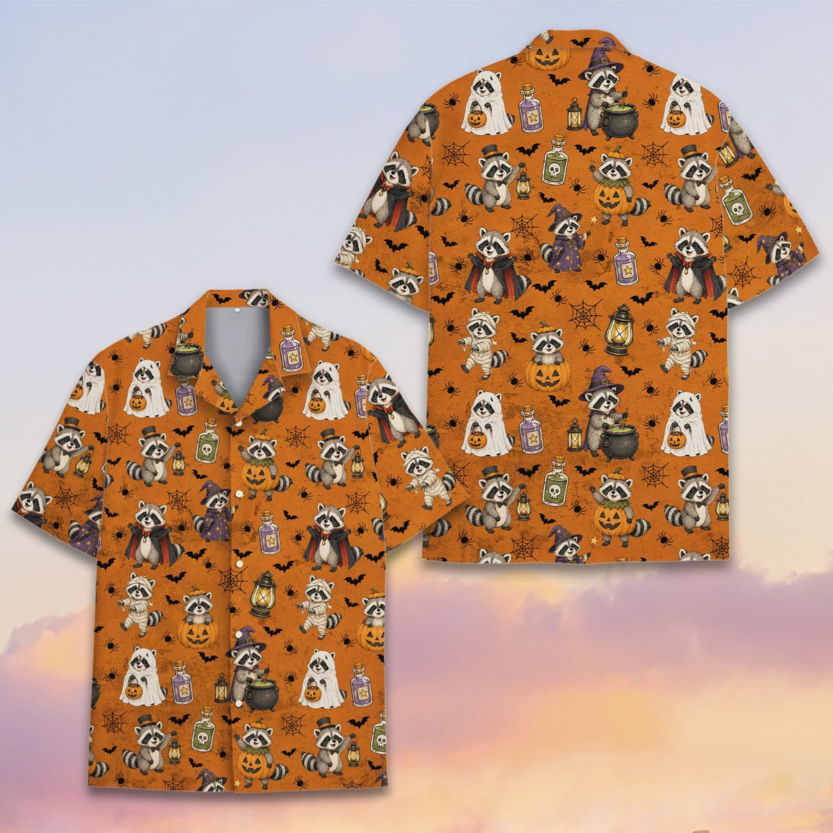 Close up of matching family hawaiian shirt with costumed raccoons, front view 5