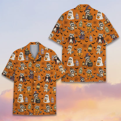 Close up of matching family hawaiian shirt with costumed raccoons, front view 3