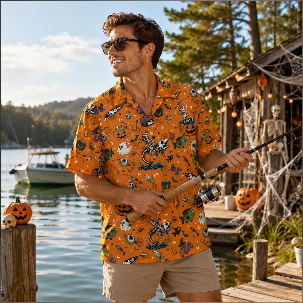 Family wearing matching halloween hawaiian shirts in a lifestyle setting
