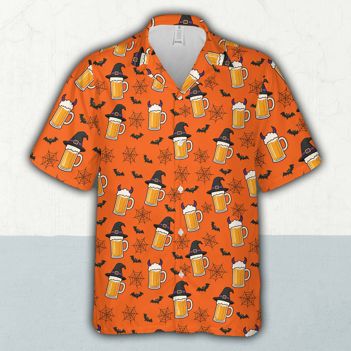 Lifestyle view of the matching family hawaiian shirts in orange Halloween design