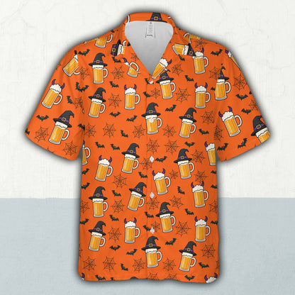 Lifestyle view of the matching family hawaiian shirts in orange Halloween design
