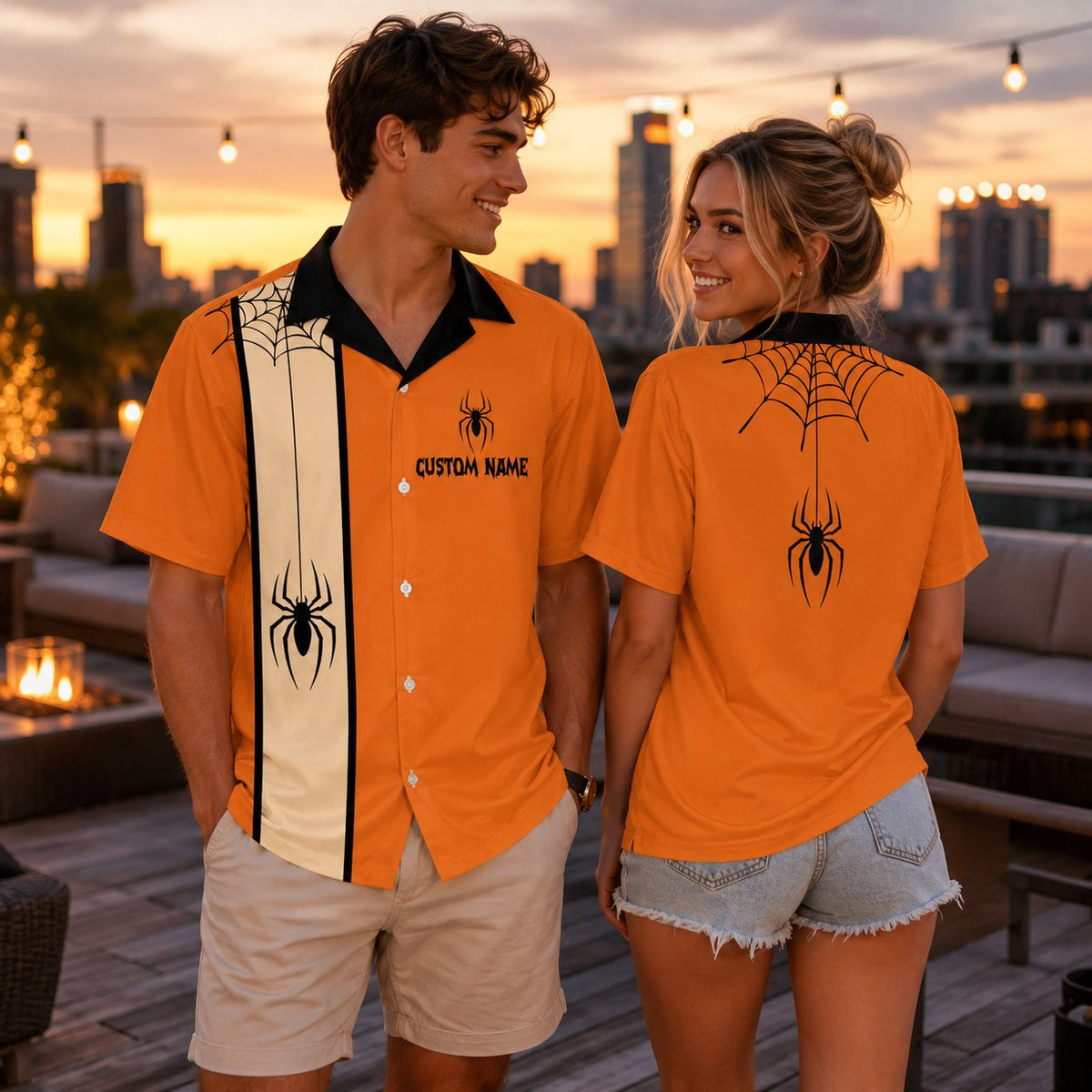 Lifestyle view of a family wearing matching halloween hawaiian shirts with spiderweb designs