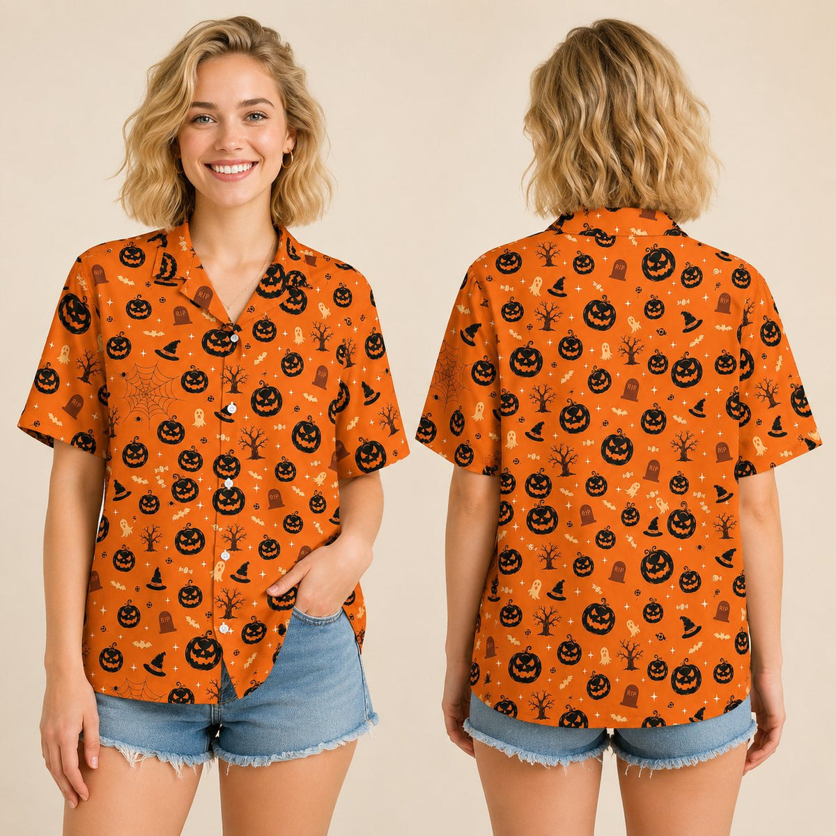 Lifestyle view of the halloween hawaiian shirt worn during autumn