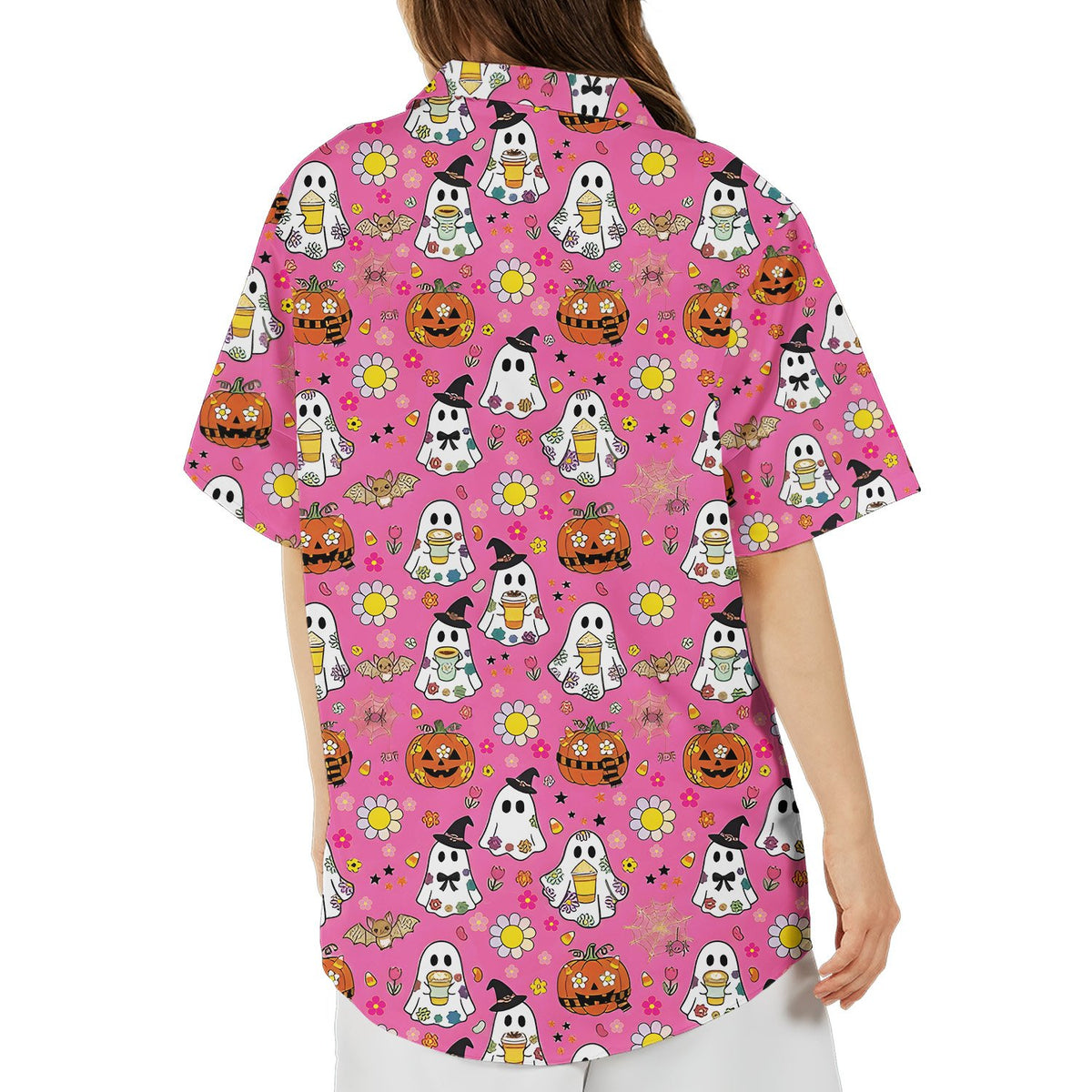 Another back view showing the colorful pink Halloween pattern