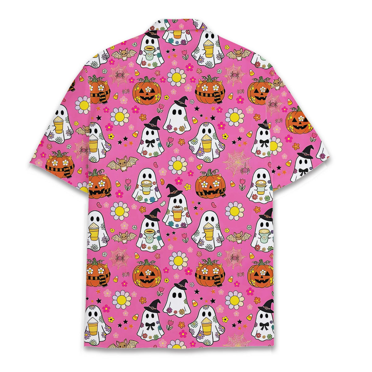 Back view of the matching family Hawaiian shirt with Halloween ghost and pumpkin design