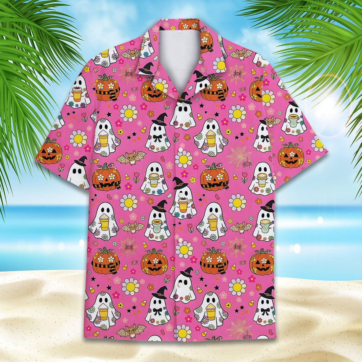 Another front view of the pink halloween hawaiian shirt showing the detailed coffee cup ghosts