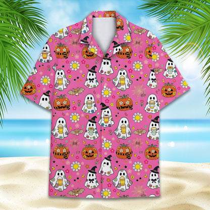 Another front view of the pink halloween hawaiian shirt showing the detailed coffee cup ghosts
