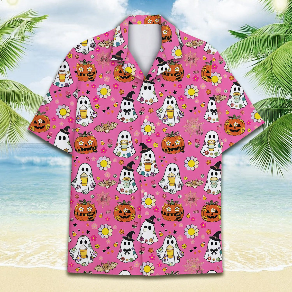 Close-up front view of the Halloween holiday pattern on a pink background