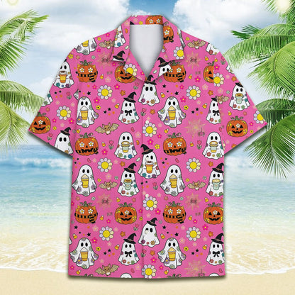 Close-up front view of the Halloween holiday pattern on a pink background