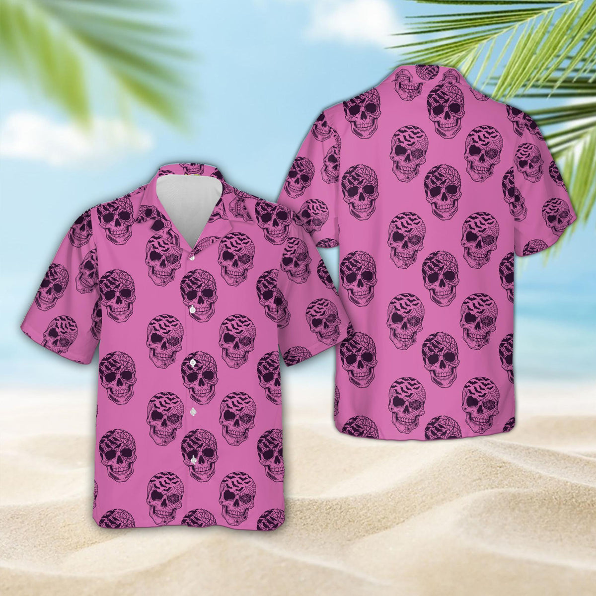 Pink stylized skull halloween hawaiian shirt, front view