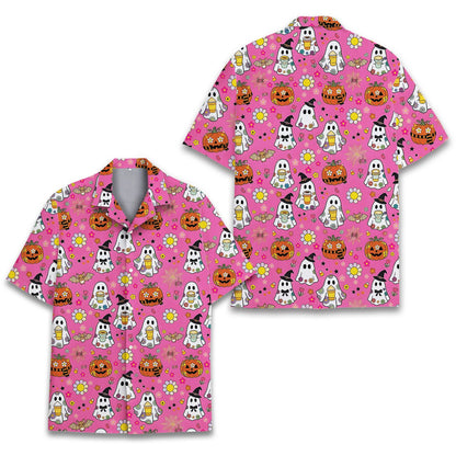 Additional front view of the festive pink Halloween Hawaiian shirt