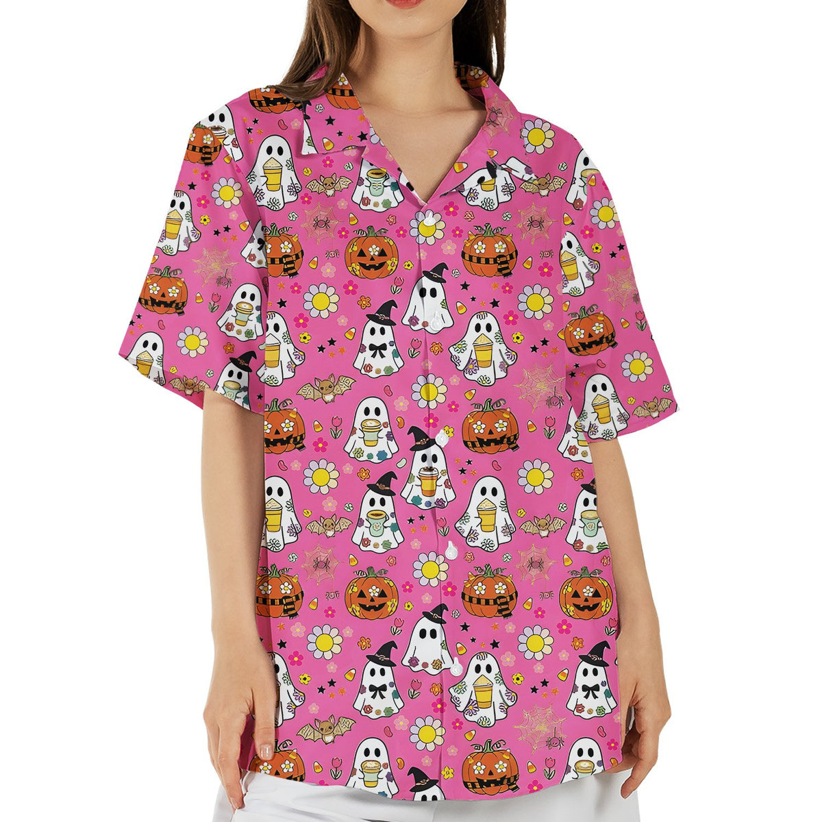 Front flat lay view of the pink Halloween Hawaiian shirt
