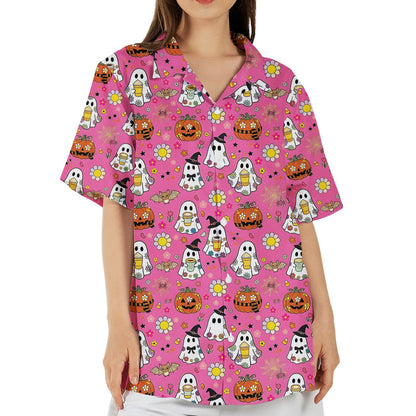 Front flat lay view of the pink Halloween Hawaiian shirt