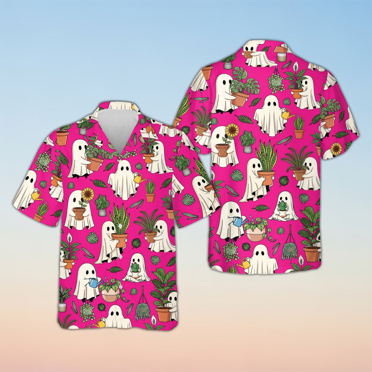 Matching family halloween hawaiian shirt with ghosts and plants, pink background, front view