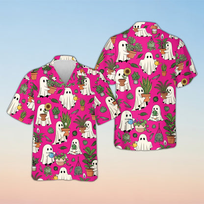 Matching family halloween hawaiian shirt with ghosts and plants, pink background, front view