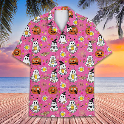 Main view of the pink halloween hawaiian shirt featuring cute ghosts and jack-o'-lanterns