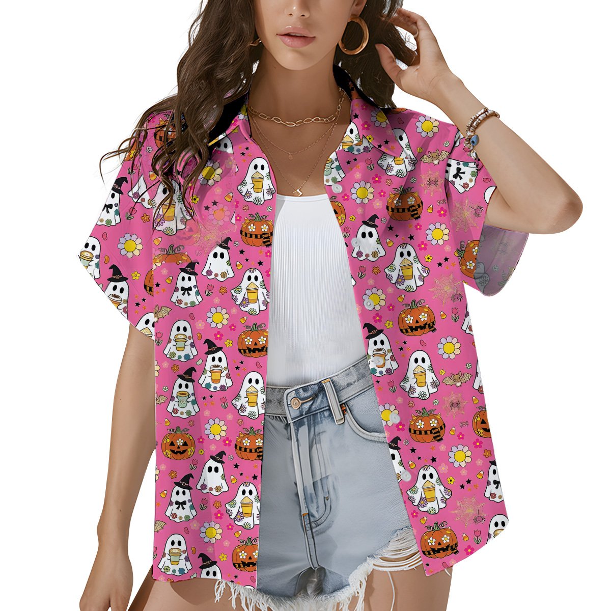 Lifestyle view of a family wearing the matching pink halloween hawaiian shirts