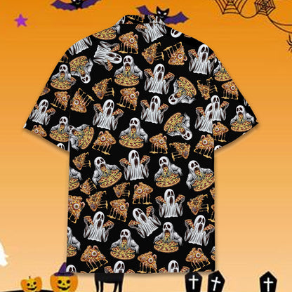 Detailed back view of the Halloween pizza ghosts Hawaiian shirt