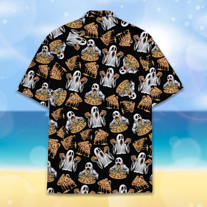 Close up back view of the pizza monster graphics on the Hawaiian shirt