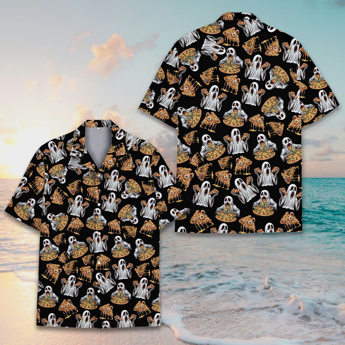 Alternative back angle showing the all-over print of the Halloween pizza ghosts Hawaiian shirt