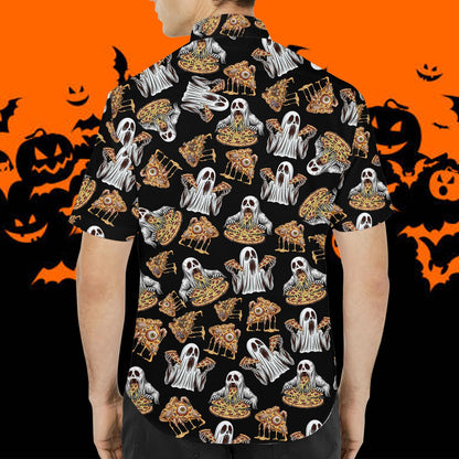 Lower back detail of the matching family Halloween pizza ghosts Hawaiian shirt