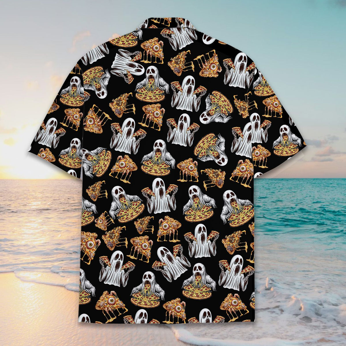 Back view of the matching family Halloween pizza ghosts Hawaiian shirt