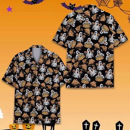 Close up front view of the Halloween pizza ghosts Hawaiian shirt showing pattern details