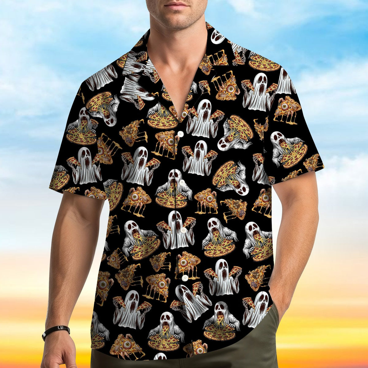 Detailed front view of the matching family Hawaiian shirt with pizza and ghosts