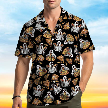 Detailed front view of the matching family Hawaiian shirt with pizza and ghosts
