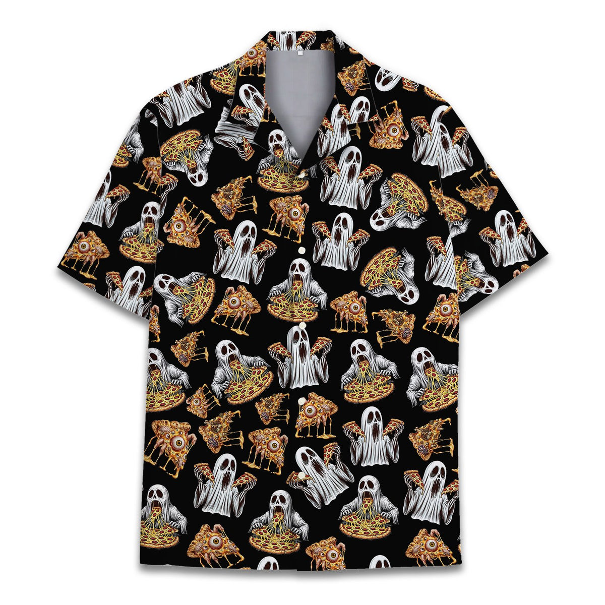 Alternative front angle of the Halloween pizza ghosts Hawaiian shirt