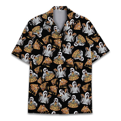 Alternative front angle of the Halloween pizza ghosts Hawaiian shirt