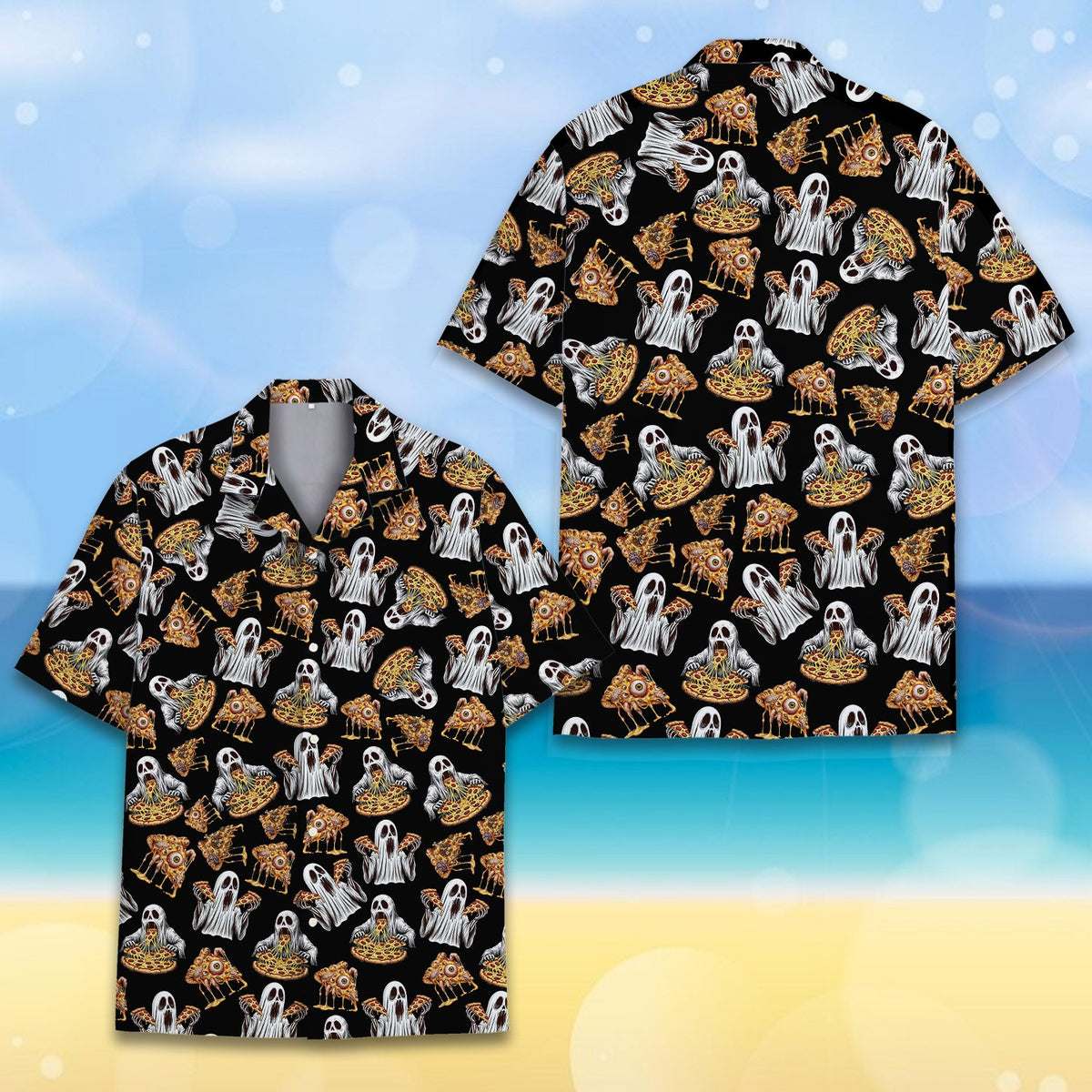 Front view of the matching family Halloween pizza ghosts Hawaiian shirt