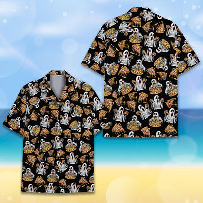 Front view of the matching family Halloween pizza ghosts Hawaiian shirt