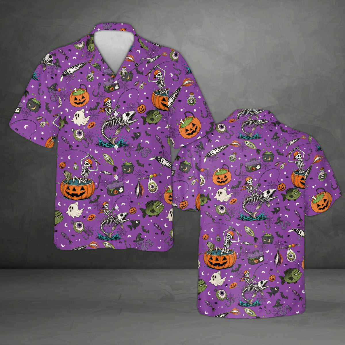 Purple halloween hawaiian shirt with skeleton fishing pattern, front view