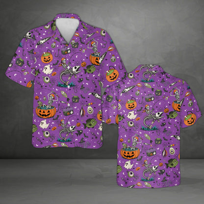 Purple halloween hawaiian shirt with skeleton fishing pattern, front view