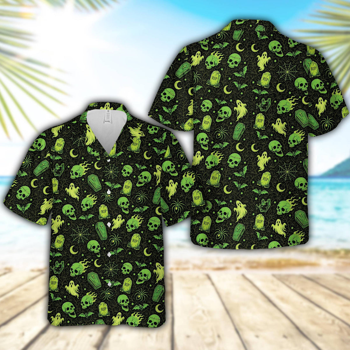 Matching family hawaiian shirts featuring a black and purple halloween pattern
