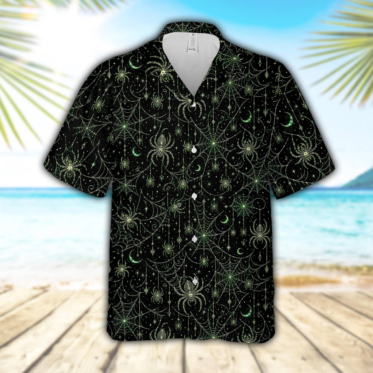Front view of the black and green hawaiian shirt halloween design with glowing spider webs