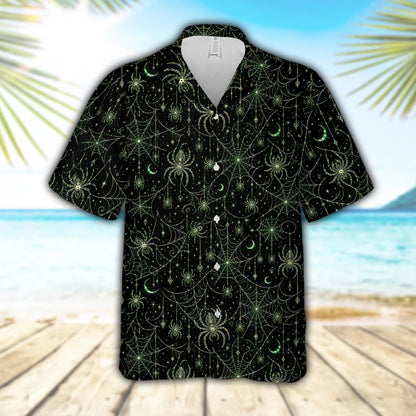 Front view of the black and green hawaiian shirt halloween design with glowing spider webs
