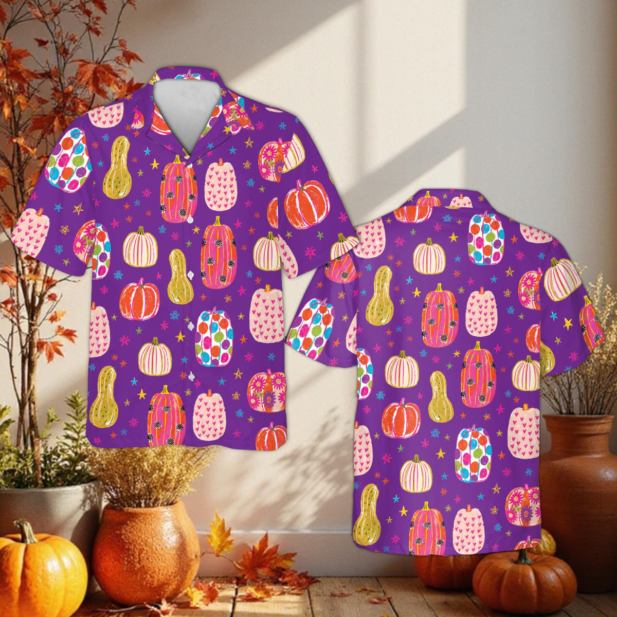 Purple halloween hawaiian shirt featuring patterned gourds and stars, front view
