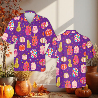Purple halloween hawaiian shirt featuring patterned gourds and stars, front view