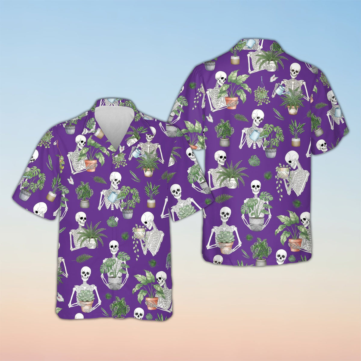 Purple halloween hawaiian shirt front view with skeleton botanist pattern