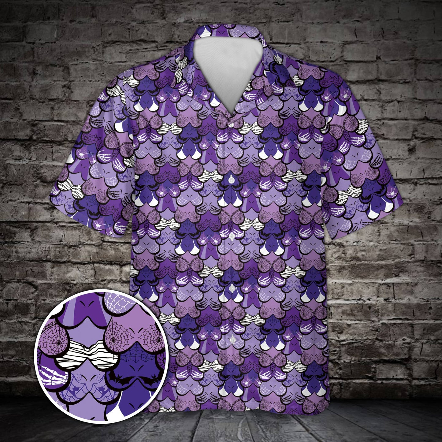 Purple matching family hawaiian shirts halloween design front view