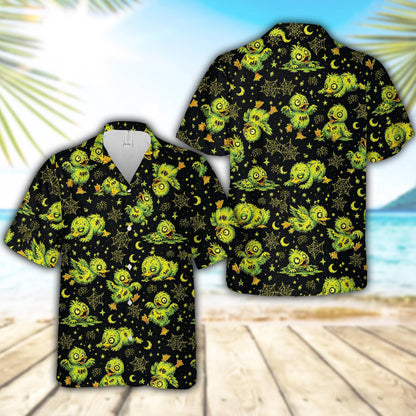 Purple halloween hawaiian shirt with spooky zombie chicks and spider webs pattern, front view alternative