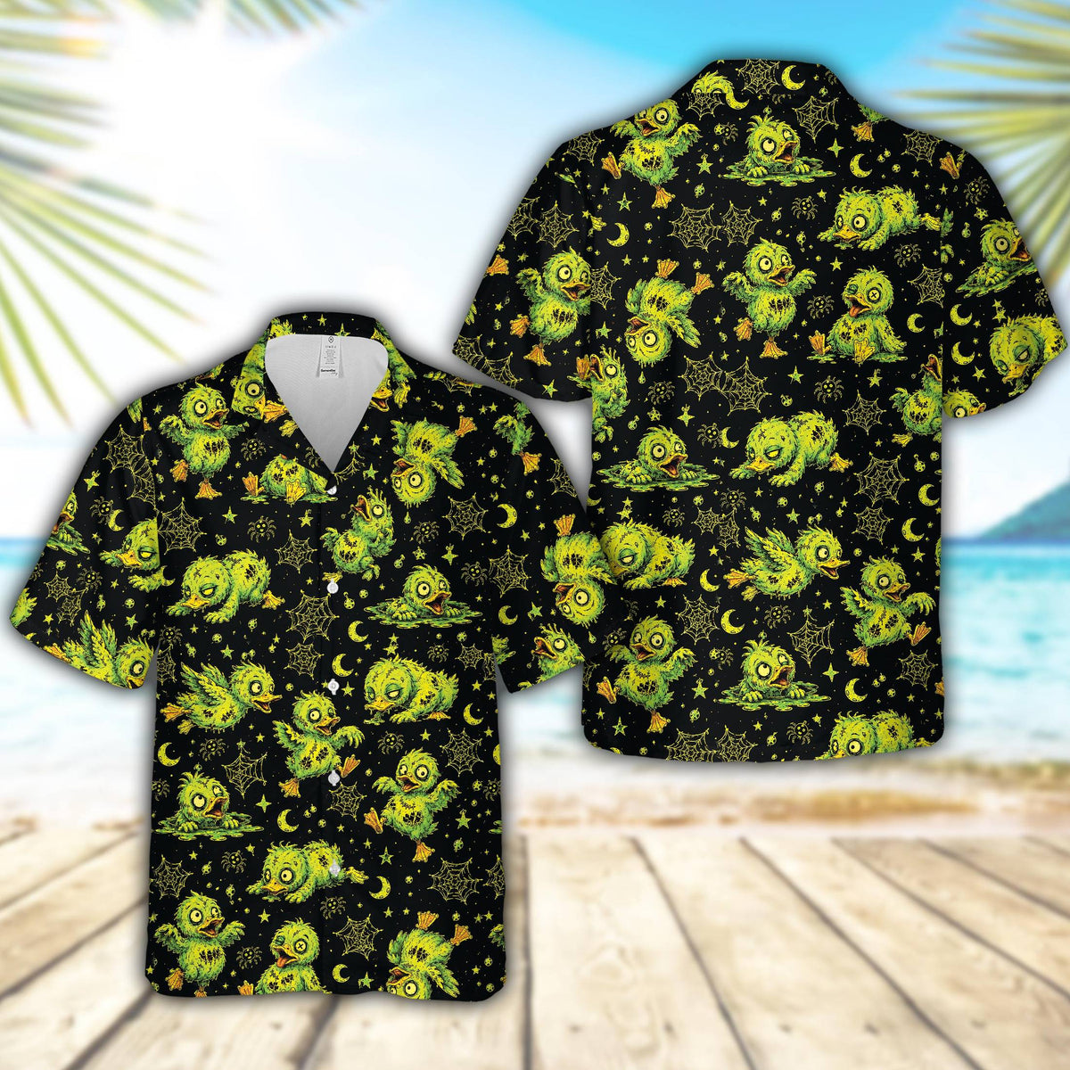 Purple halloween hawaiian shirt with spooky zombie chicks and spider webs pattern, front view