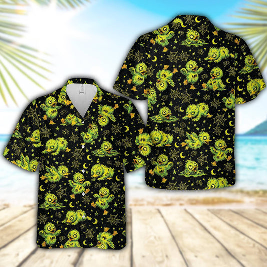 Purple halloween hawaiian shirt with spooky zombie chicks and spider webs pattern, front view