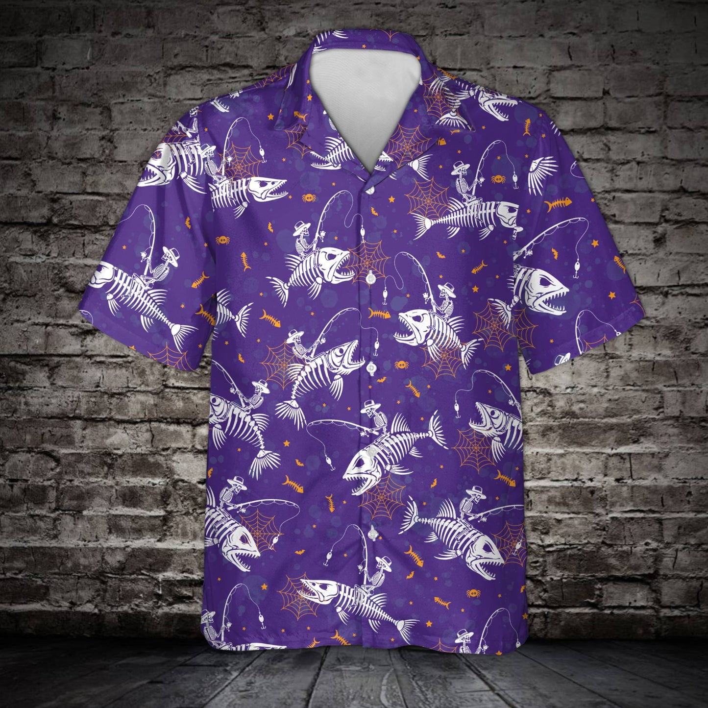 Front view of the purple halloween hawaiian shirt with spooky fishing theme
