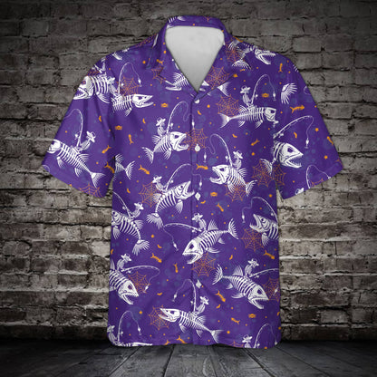 Front view of the purple halloween hawaiian shirt with spooky fishing theme
