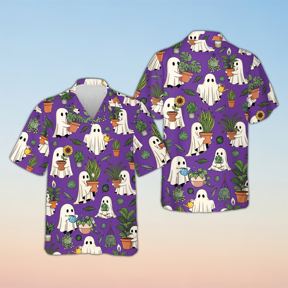 Matching family halloween hawaiian shirt with ghosts and plants, purple background, front view