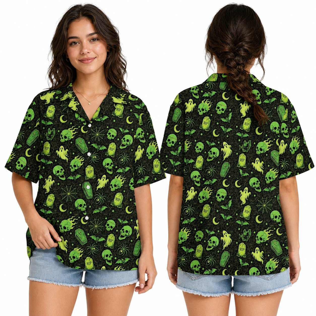 Lifestyle image of family wearing the matching halloween hawaiian shirts