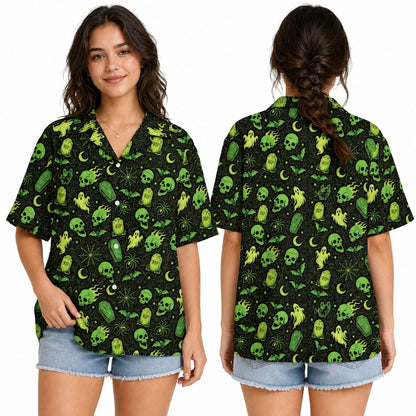 Lifestyle image of family wearing the matching halloween hawaiian shirts